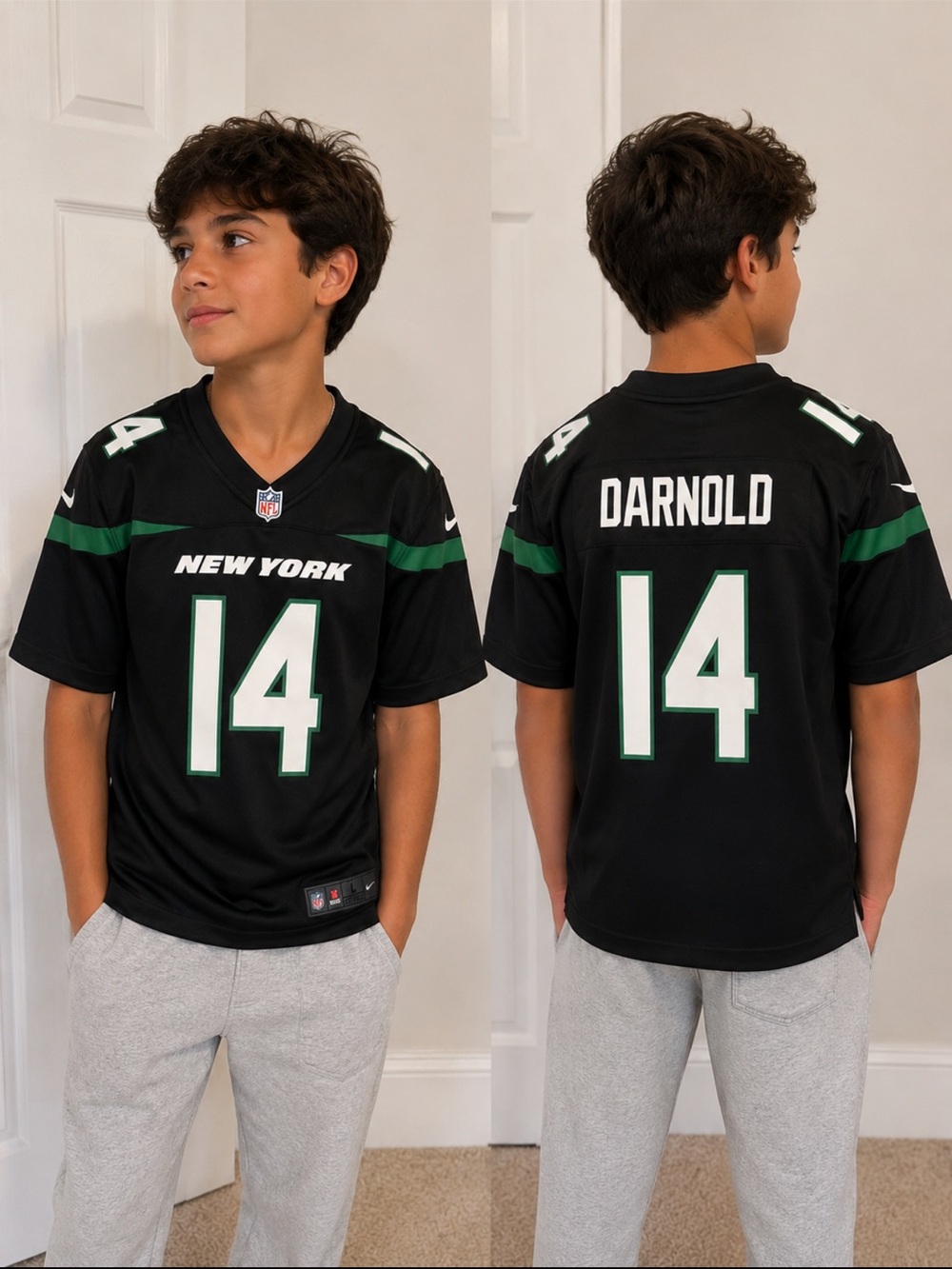 NFL Kids Black New York Jets #14 Darnold Jersey with Green Accents